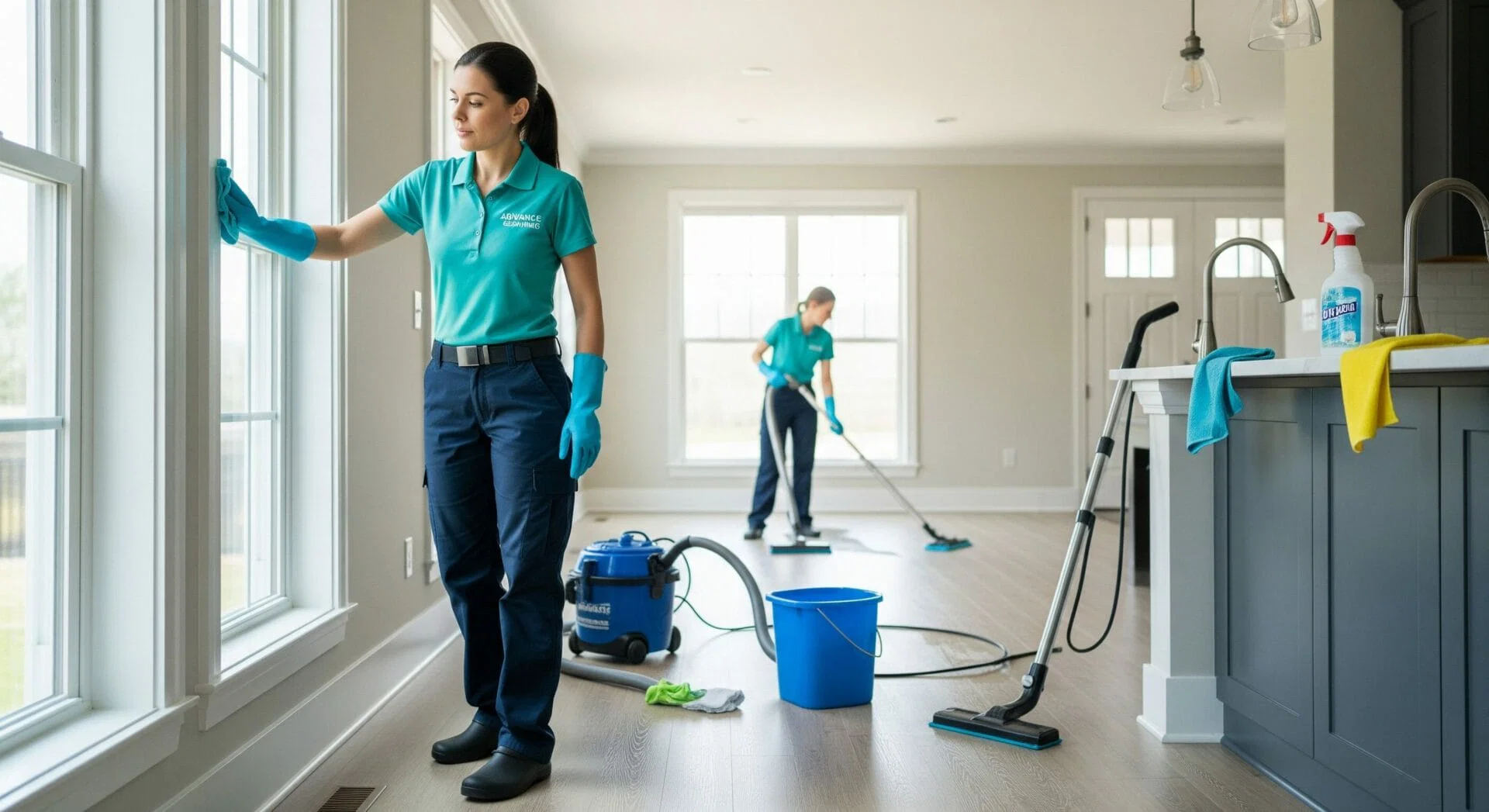 Two women in uniforms clean a bright, modern home using mops, gloves, and cleaning supplies.